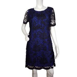Evette & K Womens Size Large Blue Black Floral Lace Overlay Short Sleeve
